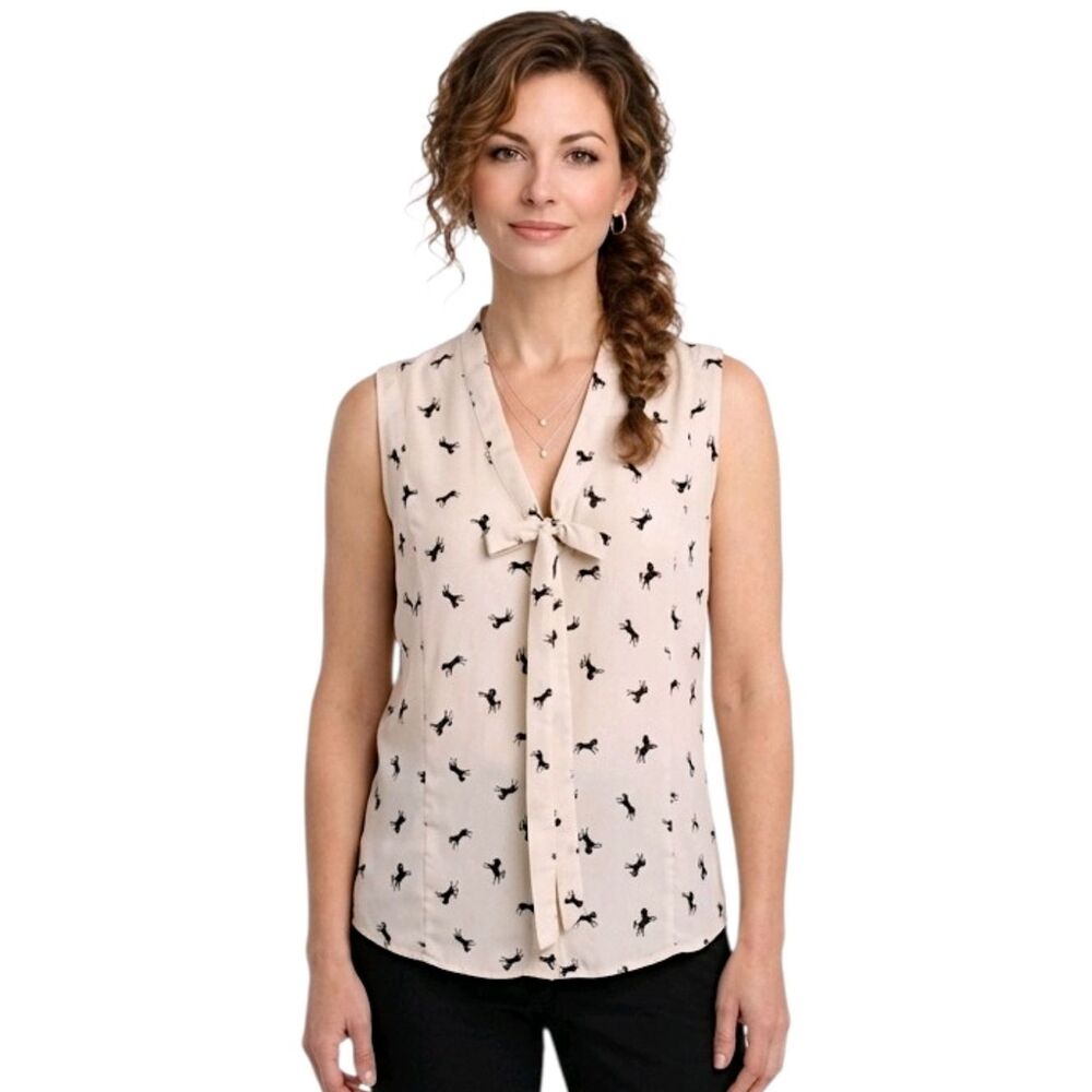 Chloe K Cream Horse Patterned V-neck With Tie Sleeveless Blouse Size S